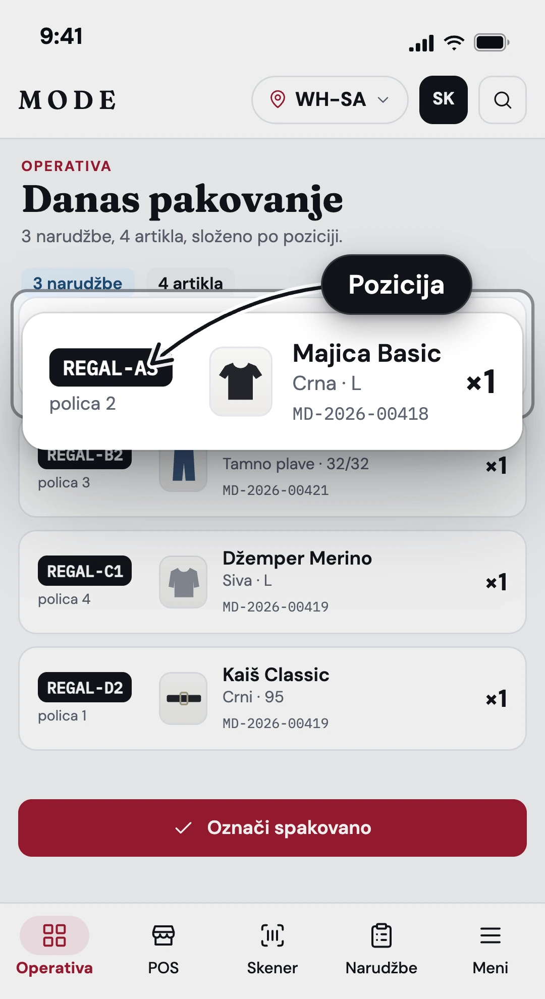 Mobilni Mode ekran za današnje pakovanje sa artiklima i skladišnim pozicijama