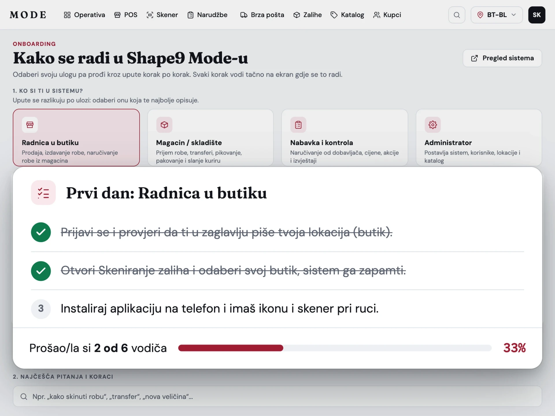 Mode onboarding sa izborom uloge i listom zadataka za prvi dan