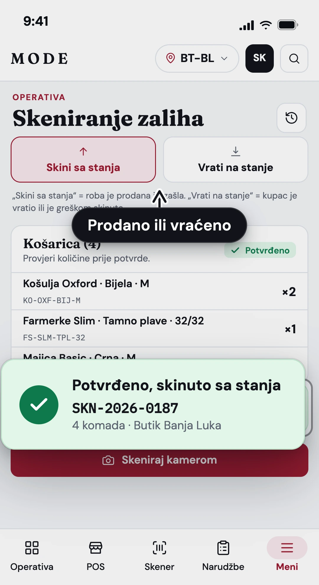 Mobilni Mode ekran za skeniranje zaliha sa prekidačem skini ili vrati na stanje i potvrdom dokumenta