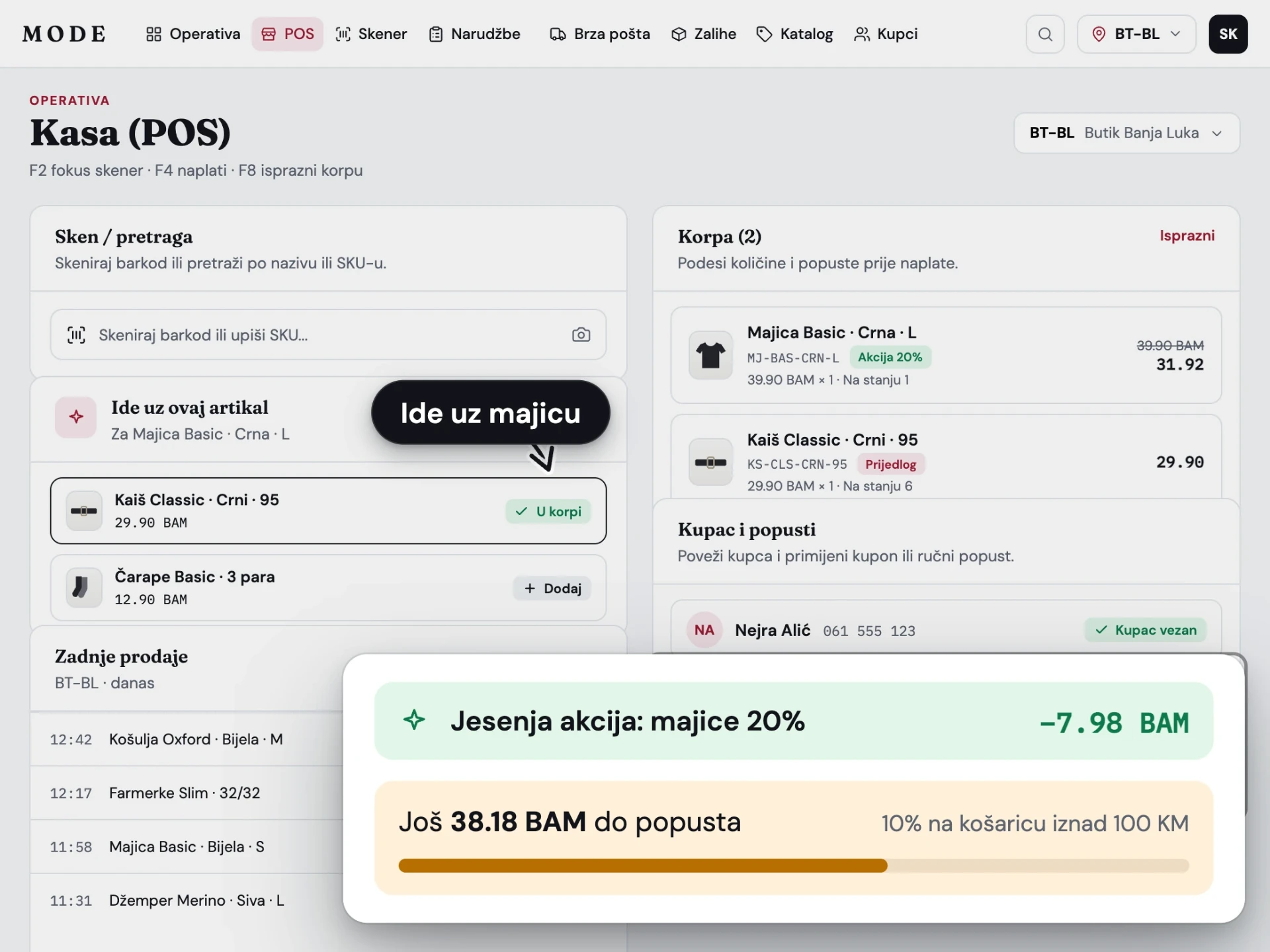 Mode kasa sa majicom L, preporučenim kaišem, obračunatim popustom i napretkom do sljedećeg popusta