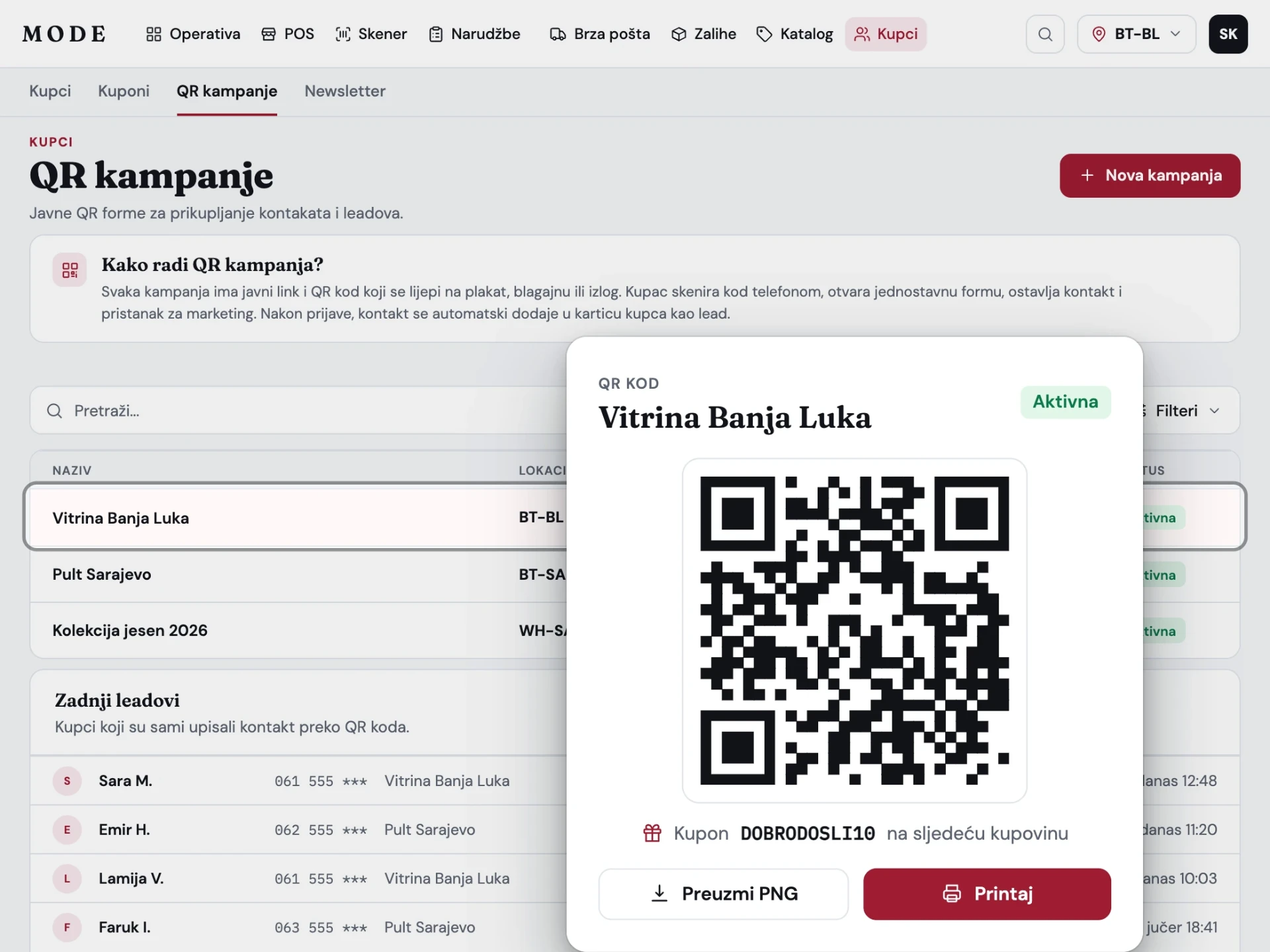 Mode QR kampanja za prikupljanje kontakata sa kuponom spremnim za štampu