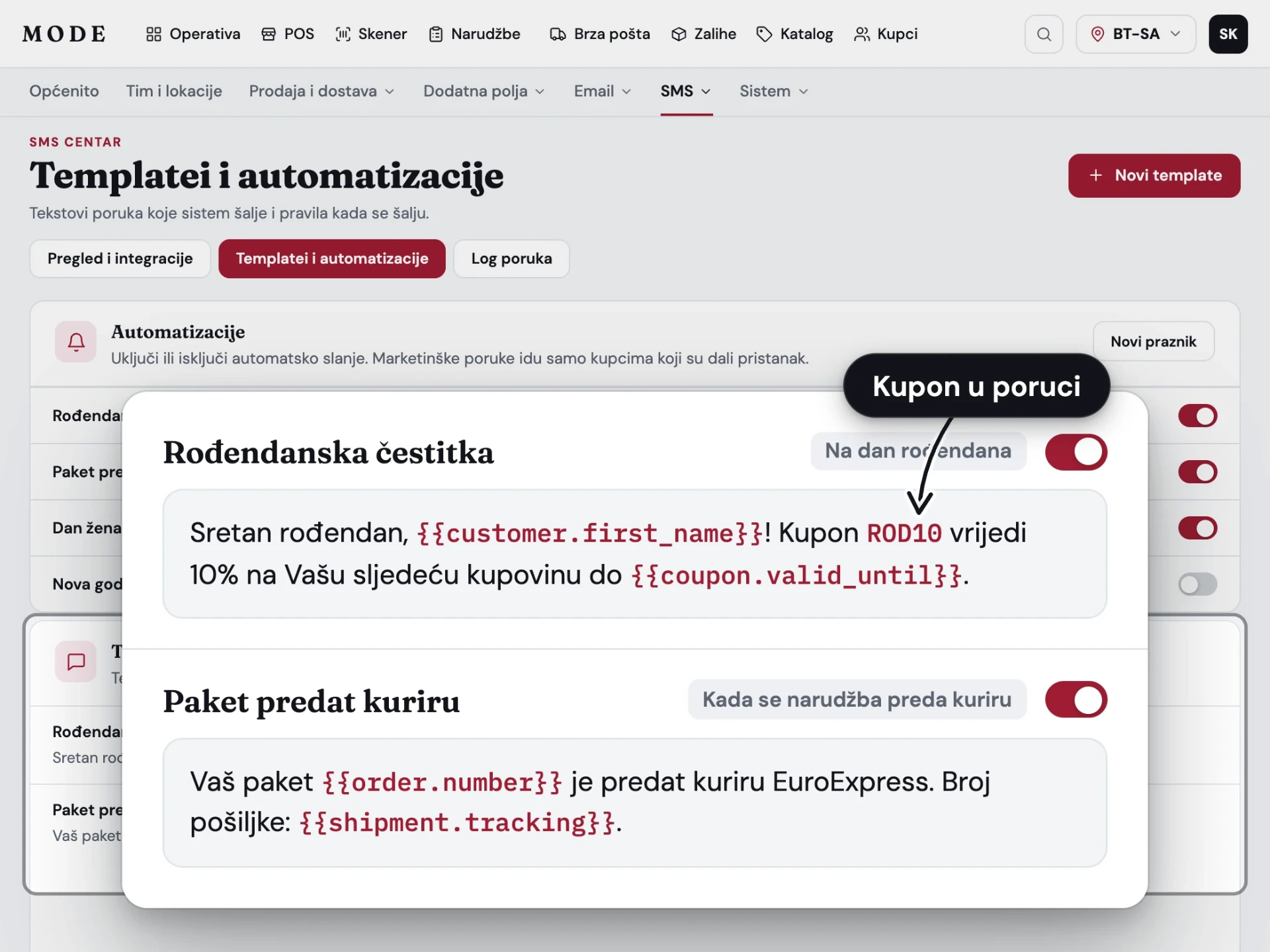 Mode SMS centar sa templateom rođendanske čestitke s kuponom i automatskom porukom o predaji paketa