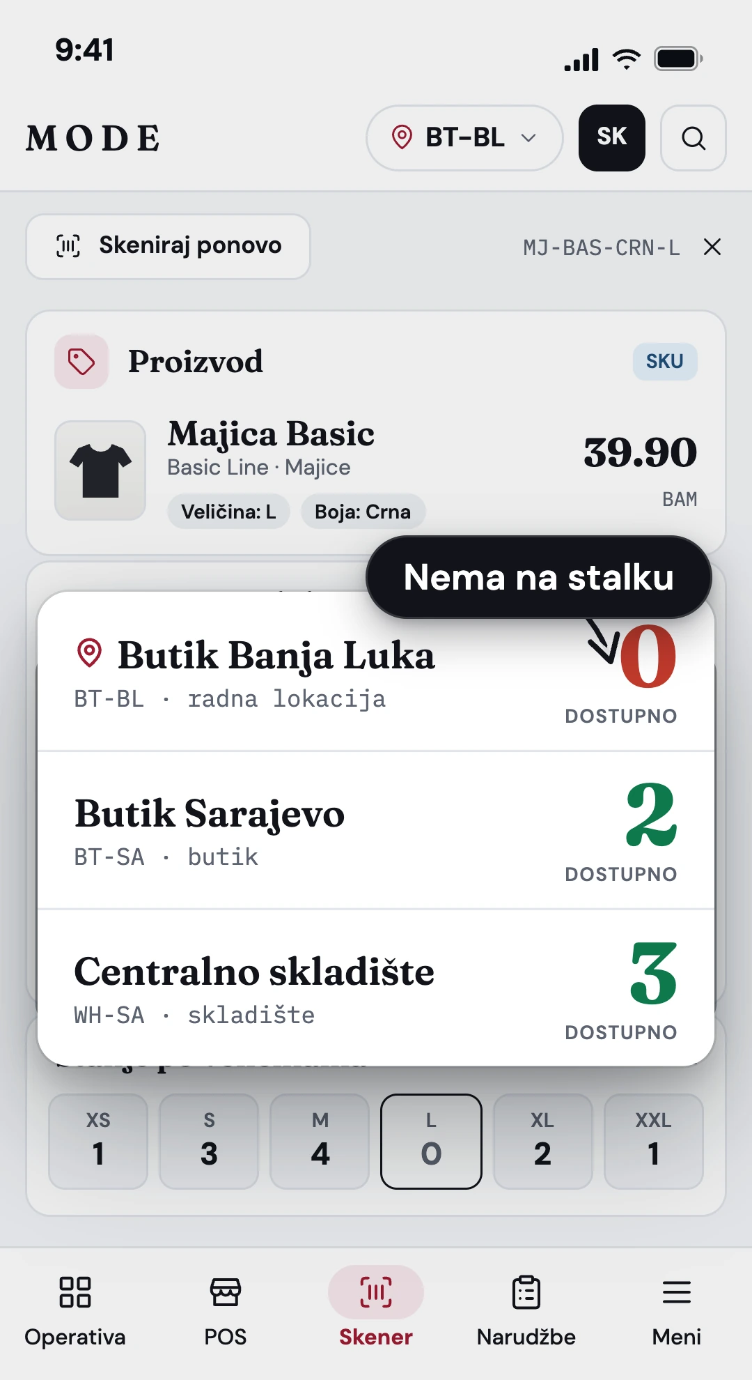 Telefon u modulu Skener: stanje majice L po lokacijama, Butik Banja Luka 0, Butik Sarajevo 2, Centralno skladište 3, i etiketa sa barkodom